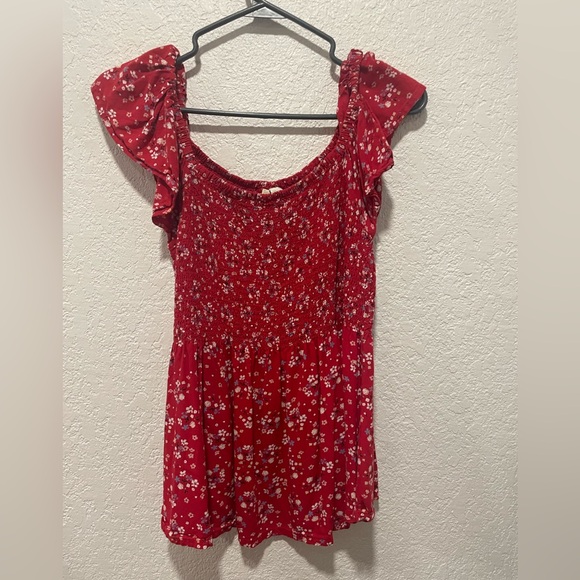 Japna Floral Ruffle Short Sleeve  Flowy Top Boho Juniors medium Red - Picture 1 of 5